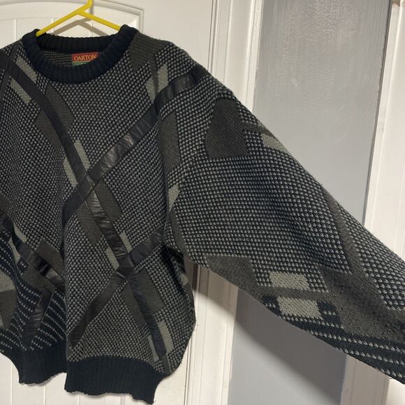 Oakton Limited Mens Size L Black Gray Faux Leather Sweater - Picture 2 of 6